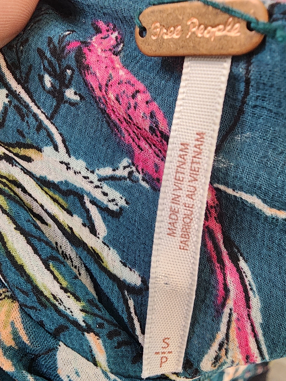 Free People Teal Dress with Pink Bird Print - Picture 2 of 6